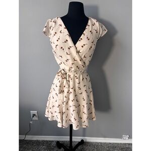 Trixxi‎ Floral Mini Dress Wrap Front Short Sleeve Casual Beige Size S